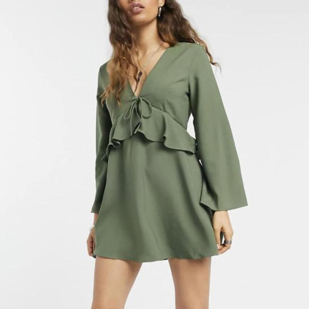 ASOS DESIGN Green Peplum Dress with Bell Sleeves